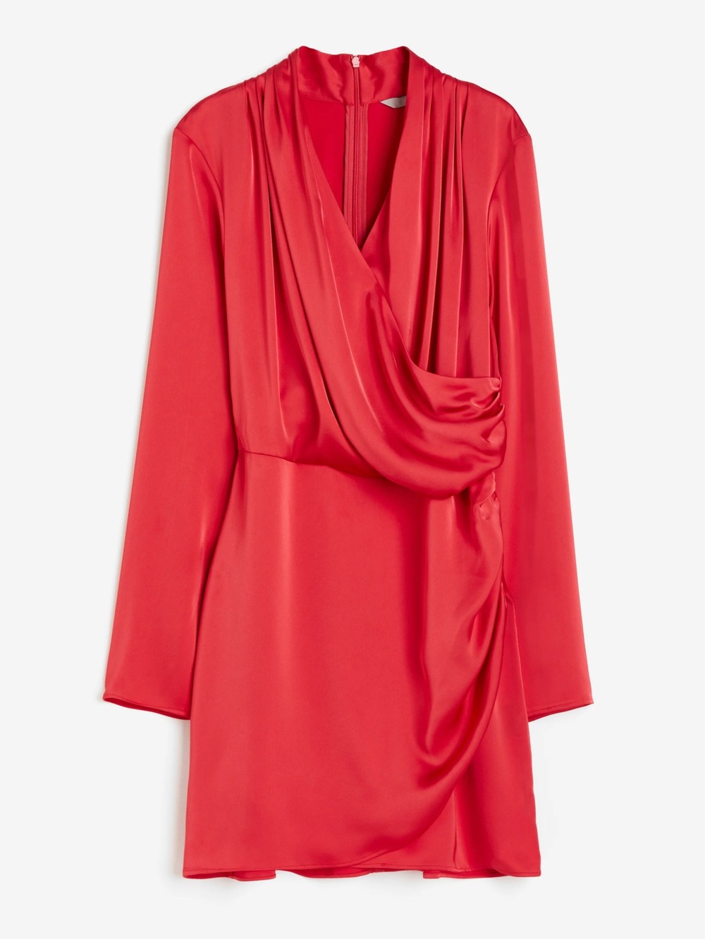H&M Red Draped Satin Long-Sleeve Mini Dress